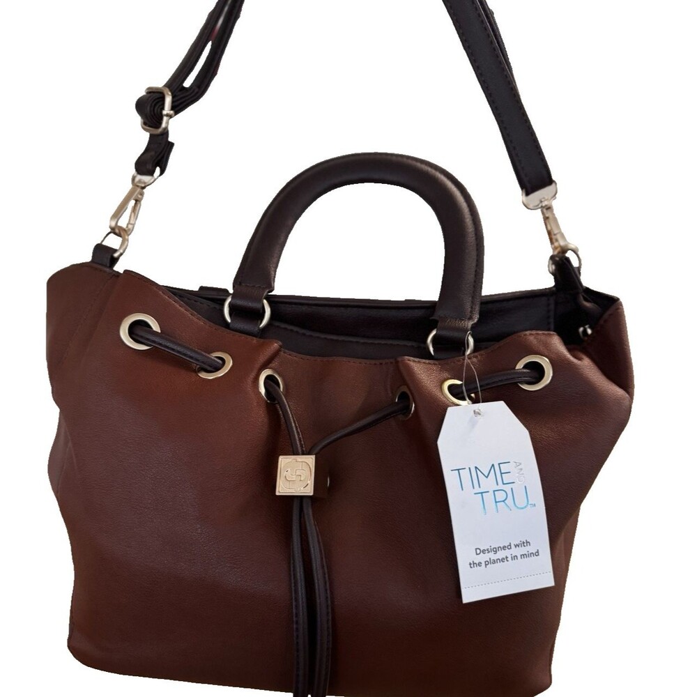 Time and Tru Womens Brynlee Faux Leather Drawstring Tote Handbag Chestnut NWT